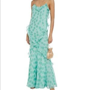 SALONI Tamara ruffled fil coupé silk-blend maxi slip dress, teal